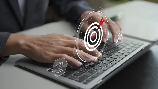 Strategic goals concept with business planning, vision and performance targets on virtual screen. Modern business strategy focused on goal setting, monitoring and data-driven decision making.