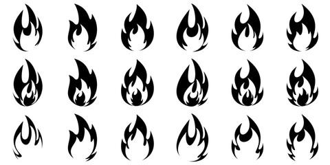 Set of imaginative doodle art fire icons, isolated on white background, vector