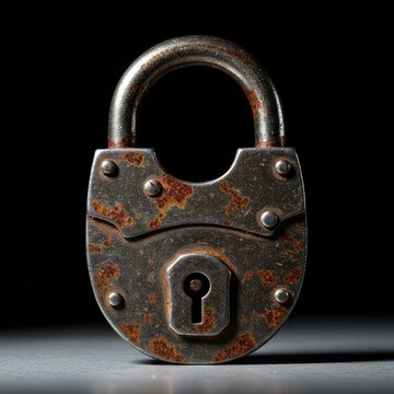 An antique metal padlock, heavily rusted, suggesting a forgotten secret or a complex historical challenge requiring careful analysis and unlocking ,ancient ,difficulty ,vintage