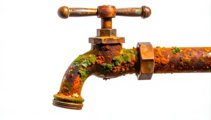 Old rusty water tap valve covered in green moss and heavy corrosion