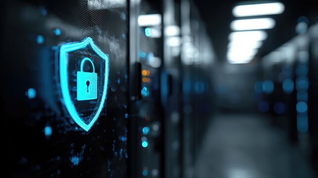 Secure enterprise data center corridor with glowing shield lock symbol on server racks, ideal for IT security concepts, cloud infrastructure visuals, and cybersecurity protection use cases