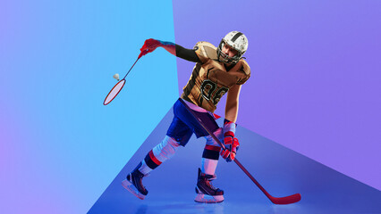 Energetic composition hockey player and badminton shuttle in surreal sport crossover. Concept of creative sport marketing, modern advertising visuals, and experimental athletic design.