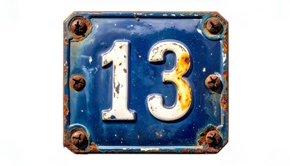 Vintage blue enamel house number 13 plate with rust and screws