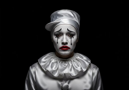 Classic white satin costume and heavy, sad makeup defining the traditional theatrical mime character. An expression of deep sorrow and tragic heartbreak ,melancholy ,solitude ,sadness