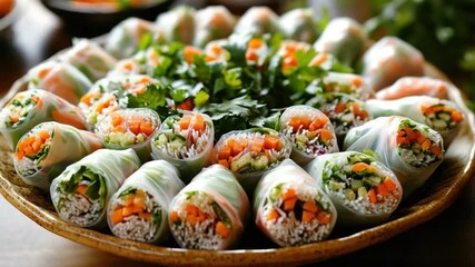 A plate of fresh spring rolls filled with a mix of vegetables and fish, served on a wooden table.