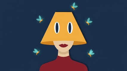 A surreal portrait generic a face with a lamp shade for a head surrounded by glowing fantasy fireflies.