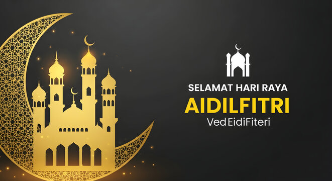 Golden mosque and crescent moon with celebratory text Selamat Hari Raya Aidilfitri