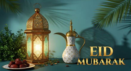 Celebrate Eid Mubarak with traditional dates a glowing lantern and a decorative pitcher adorned with palm fronds casting shadows