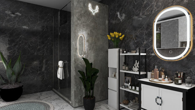 Luxury modern bathroom interior set with dark marble walls walk-in shower and illuminated mirror mockup