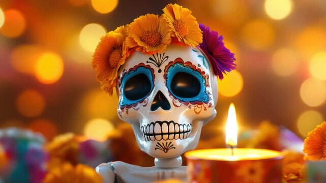 A skeleton figure adorned in a festive manner for the Day of the Dead celebration.