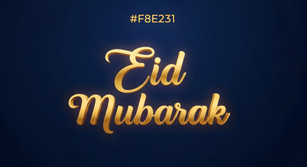 Golden Eid Mubarak text on a dark blue background with a hex code displayed
