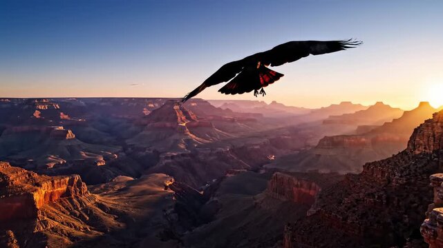 Majestic raptor soaring above sunlit canyon panorama.