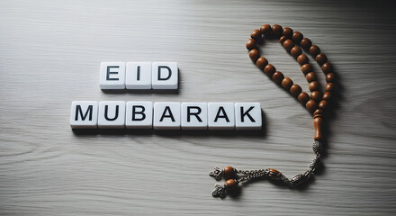 Eid Mubarak message displayed with letter tiles next to a prayer bead necklace on a wooden surface