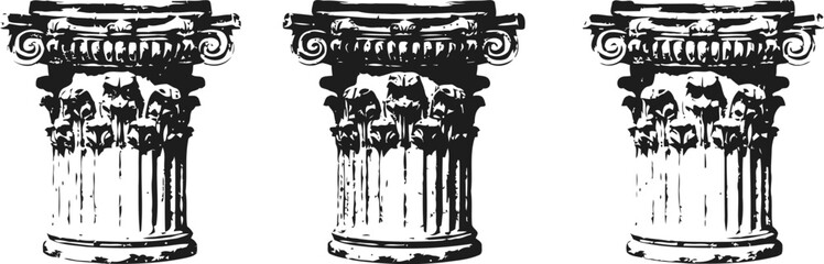 Fototapeta premium Three classical corinthian columns illustration with ornate capitals and fluted shafts