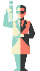 Scientist in lab coat holding test tube, geometric illustration, modern design.