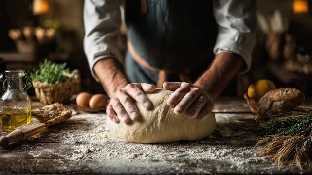 A person kneading dough on a rustic wooden table.