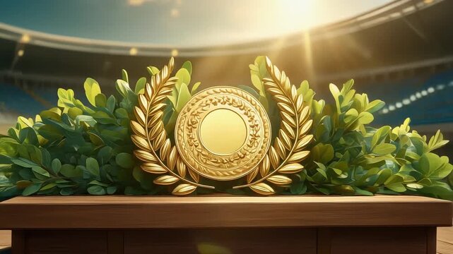 A golden medal surrounded by green leaves on a wooden surface.