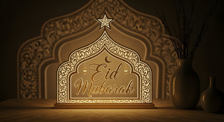 Ornate glowing Eid Mubarak decoration with Islamic motifs and soft ambient lighting