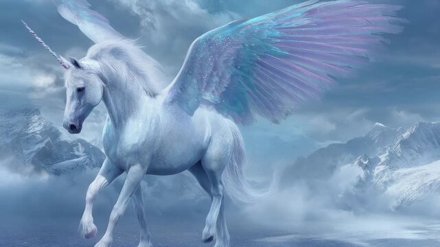 A majestic winged unicorn in a snowy mountainous landscape.