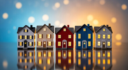 A row of miniature houses is centered in the image, set against a blurred background. Each house displays a unique design and color scheme