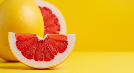 A vibrant, studio-style image showcases a sliced fruit, likely a pomelo, against a solid yellow backdrop