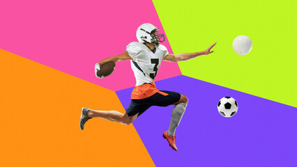 Obraz premium Expressive collage. American football player leaping through geometric space. Concept of professional sport advertising, bold marketing campaigns, modern athlete branding, dynamic poster design.