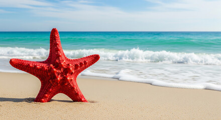 A vibrant red starfish rests on a sandy beach, positioned slightly left of center. The starfish displays a detailed, textured surface