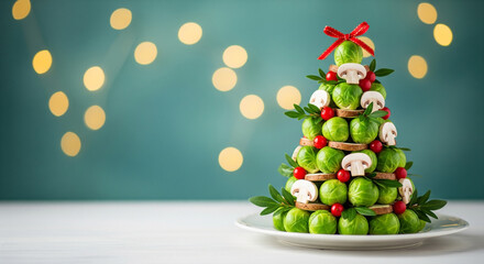A whimsical Christmas tree, crafted entirely from fresh vegetables, is the central subject, positioned slightly left of the image center