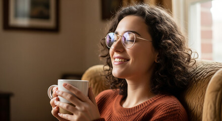 A young woman, appearing to be in her early to mid-twenties, is centered in the frame, enjoying a moment of relaxation
