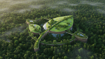 Futuristic eco architecture building with solar panels seamlessly integrated into a lush forest canopy.