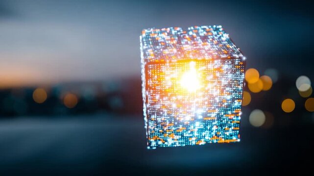 Digital Document Concept: A luminous, digitized document floats gracefully against a blurred cityscape background, representing the modern concept of data and information in the digital age.