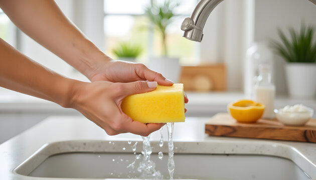 Hands squeezing yellow sponge over kitchen sink while washing  