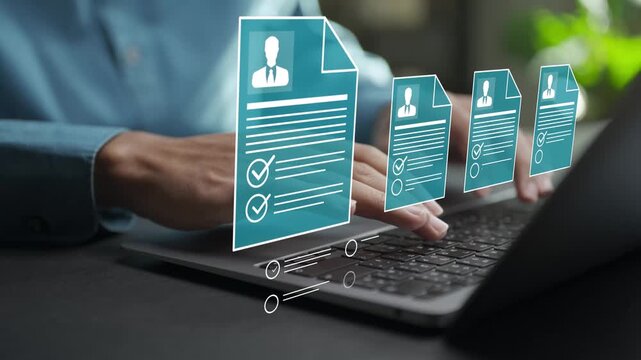 Digital CV review concept with online recruitment platform, resume analytics and applicant tracking system. Modern HR technology for efficient candidate screening and hiring decisions.
