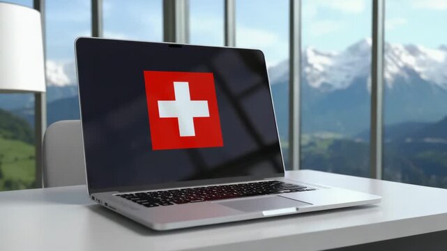 A laptop displaying the Swiss flag sits on a modern office desk. The background features snow-capped mountains and large windows, symbolizing remote work and global business.
