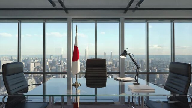 Modern office with a glass table and black chairs. Japanese flag displayed. City skyline visible through large windows. Ideal for global business and recruitment themes.