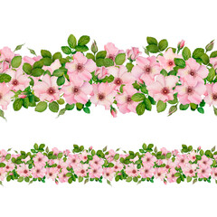 Watercolor Pink Wild Rose Floral Border with Green Leaves