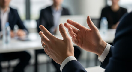 Corporate Presentation Concept Showing Professional Hand Gestures During Team Meeting Discussion