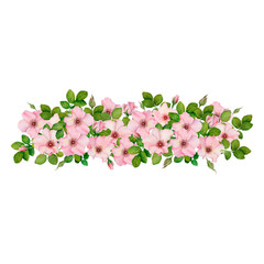Pink Wild Rose Watercolor Border with Foliage