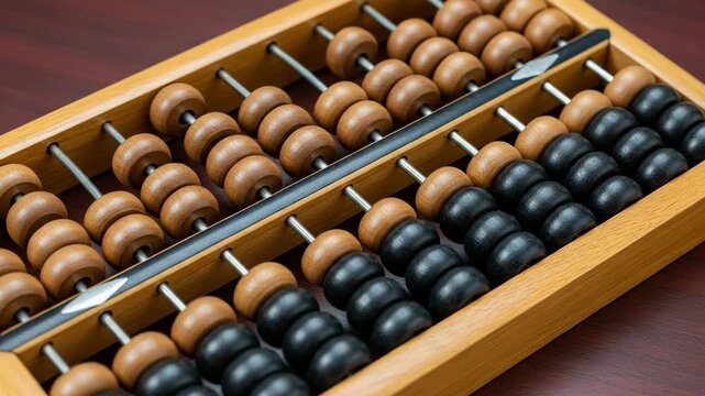 Close-up of a traditional abacus resting on a dark wood surface