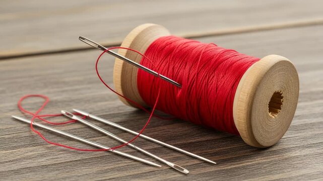 Red sewing thread spool with needles on wooden background  