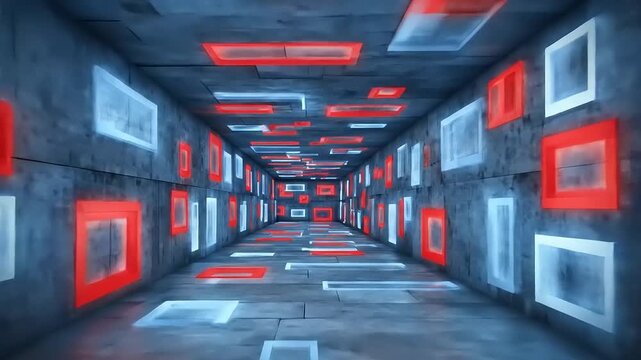 A futuristic tunnel with glowing red and white rectangular lights, receding into distance