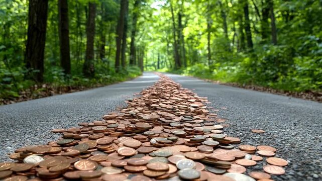 Forest road with large arrow made of copper coins pointing forward, surrounded by green trees and natural light, symbolizing financial growth nature