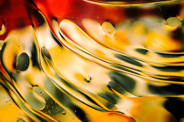 Close-up of the movement of oil droplets on the water surface. Colorful abstract macro background of oil drops on the water surface.