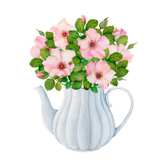 Elegant Watercolor Bouquet of Wild Roses in a White Teapot