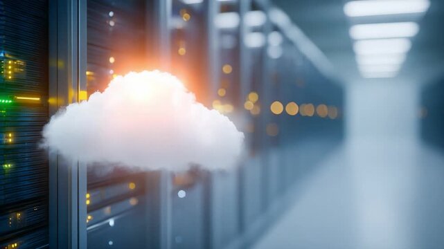 Cloud Computing Data Center: A luminous cloud hovers within a high-tech data center, symbolizing the future of data storage and processing. This image captures the essence of digital transformation.