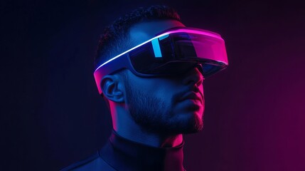 A man wearing futuristic virtual reality goggles with neon lights in a dark background