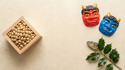 赤鬼と青鬼のお面、柊鰯、福豆のフラットレイ