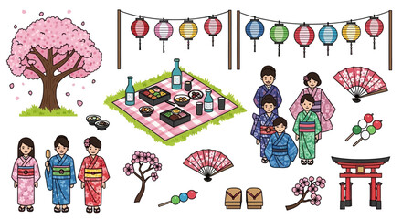 Obraz premium Charming Pixel Art Set Illustrating Traditional Japanese Culture and Festival Elements, Featuring Kimonos, Cherry Blossoms, Picnic Scenes, and Lanterns