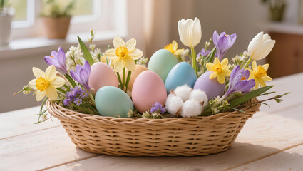 Wicker basket filled with pastel Easter eggs and spring flowers on wooden table in sunlight, festive and bright holiday decor
