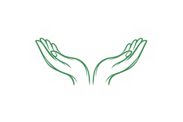 Green line art hands offering care, protection, support, sharing, receiving, and giving with eco-friendly concept